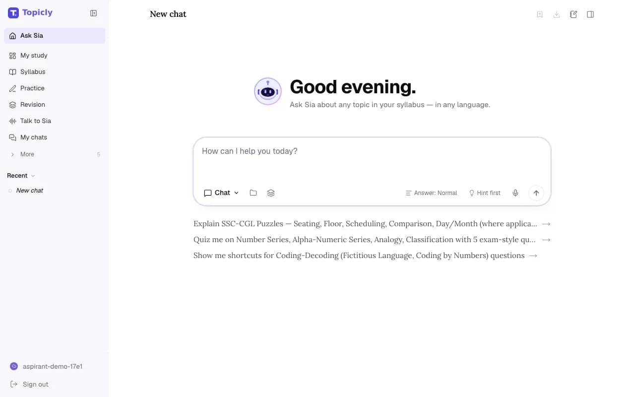 Ask Sia start screen with a composer offering Chat mode, answer length, Hint first and a microphone, and three suggested SSC CGL reasoning prompts.