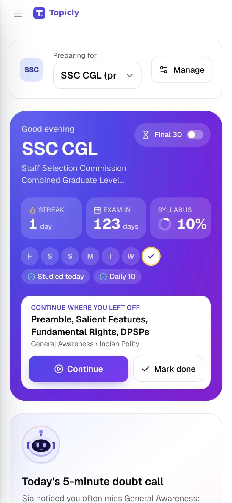 The preparation dashboard on a phone: SSC CGL banner with the streak, 123 days to the exam, 10% of the syllabus and a Continue where you left off card.