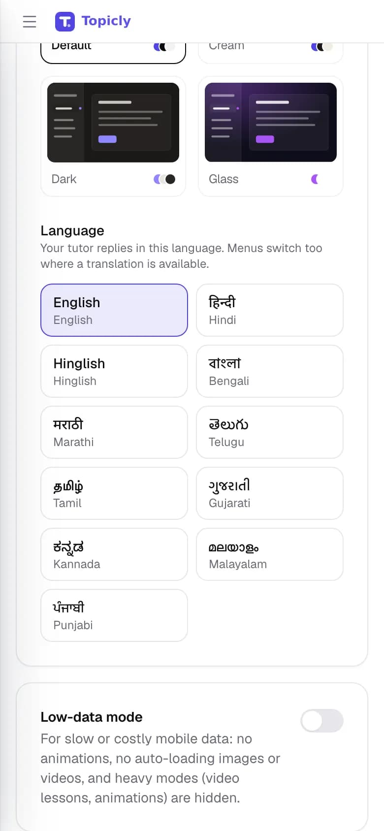The tutor language setting on a phone, with eleven languages to choose from.