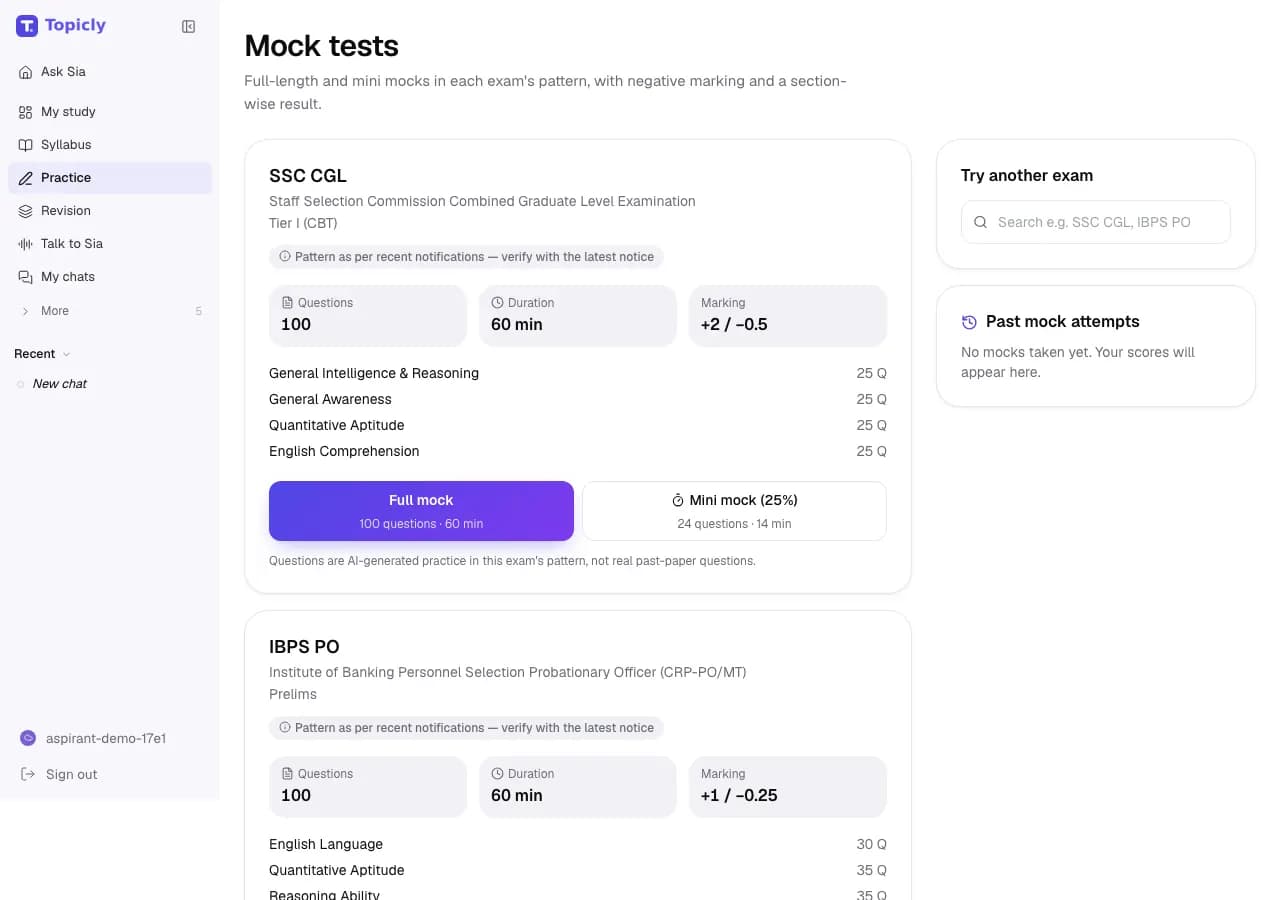 Mock tests for SSC CGL Tier I: 100 questions, 60 minutes, +2/−0.5 marking, 25 questions per section, with Full mock and Mini mock buttons, followed by an IBPS PO Prelims card.