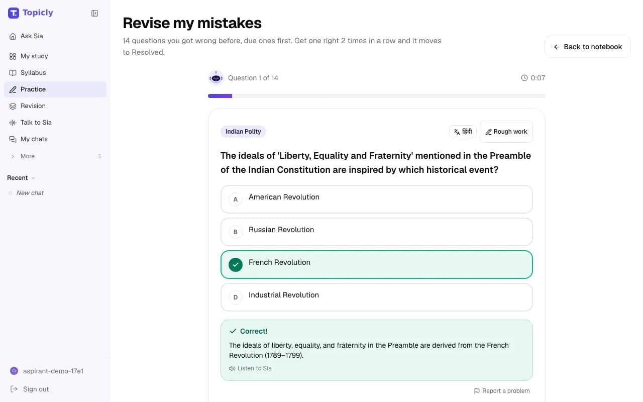 The same question after Check: French Revolution marked correct, with an explanation, Listen to Sia, Report a problem and Next.