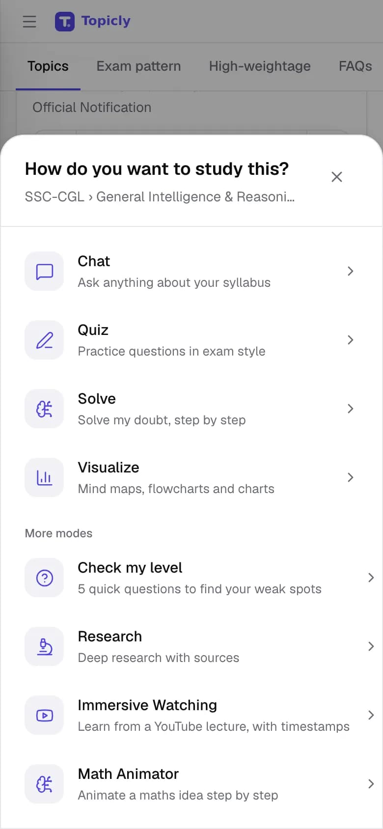 The study-mode picker on a phone, listing Chat, Quiz, Solve, Visualize and more modes for an SSC CGL reasoning sub-topic.