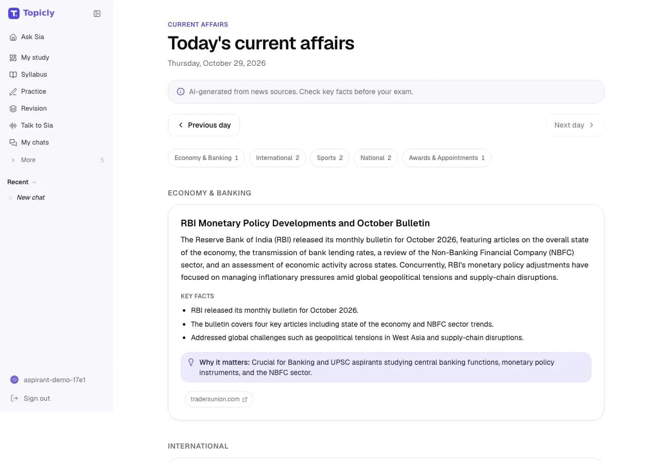 Current affairs for 29 October 2026, with category chips and a first story on the RBI’s monthly bulletin, its key facts and why it matters.