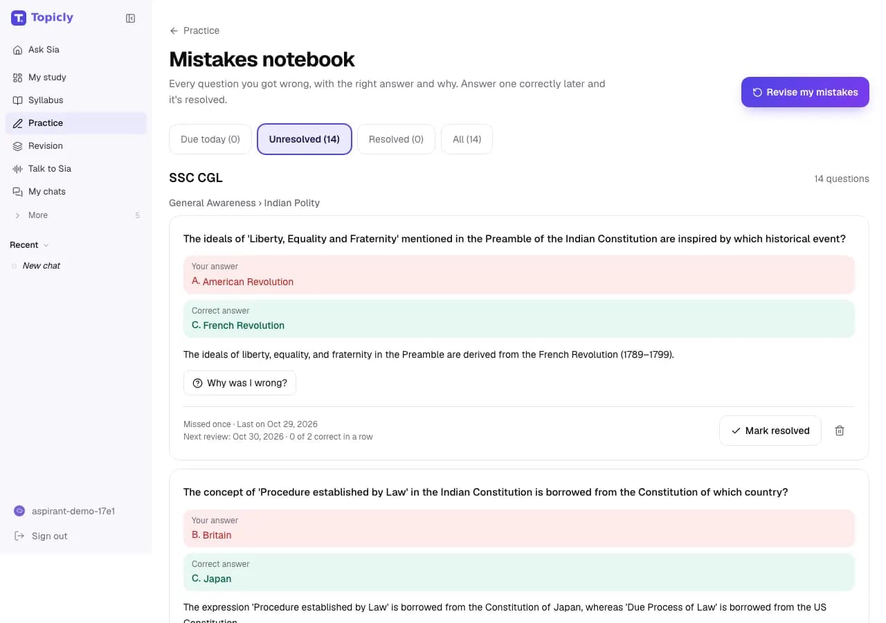 Mistakes notebook with 14 unresolved questions; the first shows the learner’s answer, American Revolution, the correct answer, French Revolution, and the explanation.