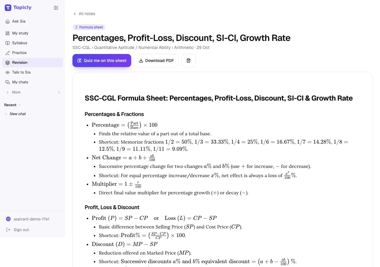 An SSC CGL formula sheet for Percentages, Profit-Loss, Discount, SI-CI and Growth Rate, with Quiz me on this sheet and Download PDF.